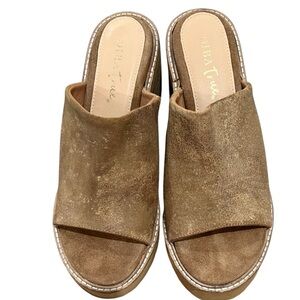 Diba True Tan Suede Mules with Cork-Like Sole and Wedge Heel